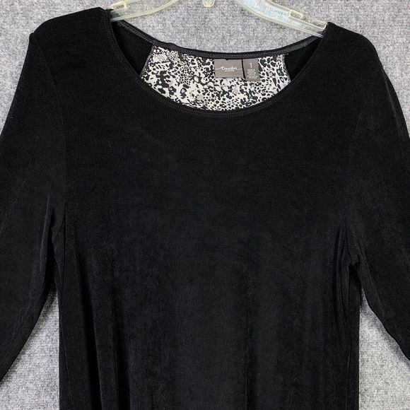 Chicos Travelers Tunic Top Women M Black With B&W Animal Print  Back 3/4 Sleeve - Picture 2 of 12